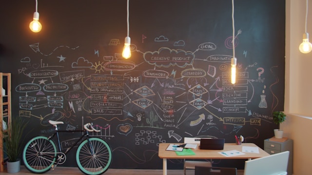 Creatieve werkruimte met krijtbord vol ideeën